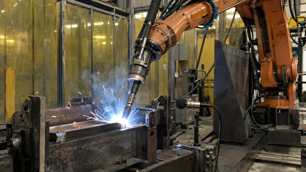 AI-generated editorial illustration of an industrial robotic welding cell being monitored by a technician.