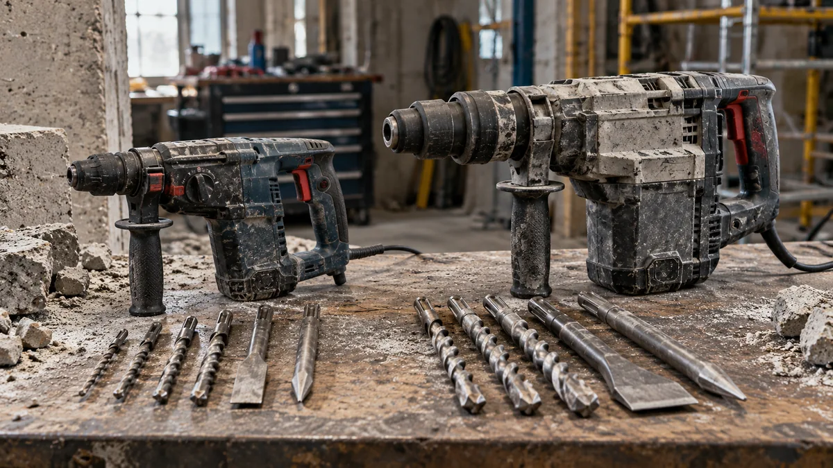 AI-generated editorial illustration comparing a smaller SDS-Plus rotary hammer and a larger SDS-Max rotary hammer with masonry bits on a workbench.